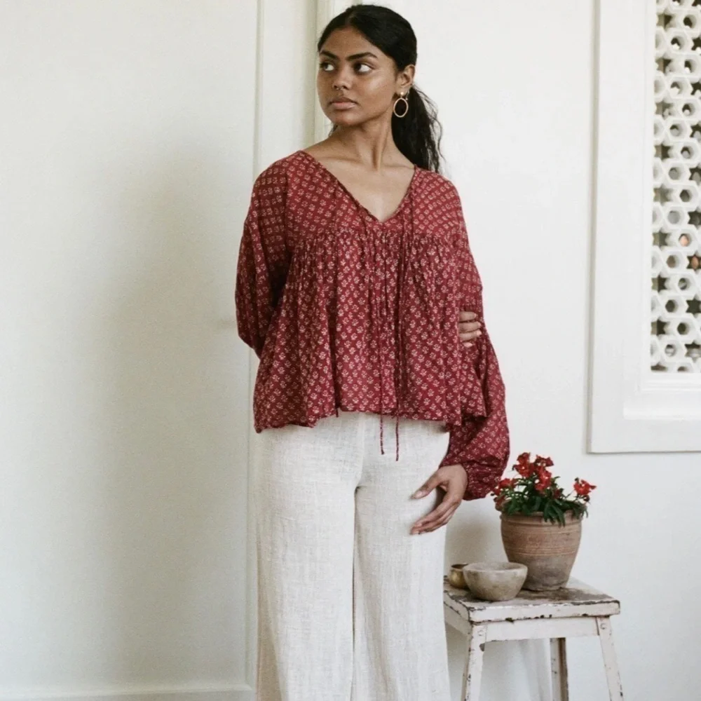 Daughters of India Burgundy Floral Billowy Peasant Blouse - Picture 4 of 13